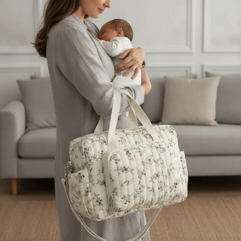 Bear Embroidered Cartoon Diaper Organizer Lightweight Large Capacity Cotton Handbag Cotton Soft-touch Mommy Shoulder Bag Toddler