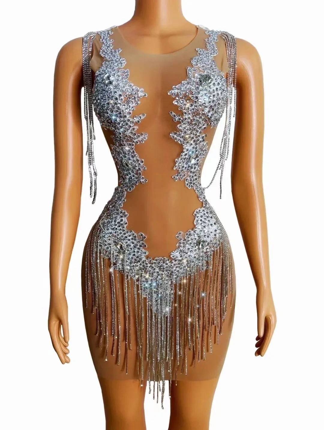 Nude Shining Rhinestones Tassel Sexy Perspective Sheath Dress For Women Nightclub Party Clothing Evening Prom Singer Wears