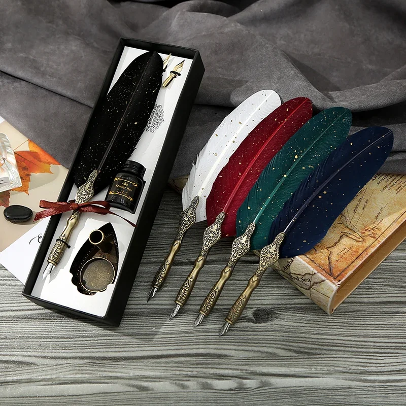 Vintage Feather Dip Pen Multicolor Quill Fountain Pens Writing Ink Bottle Set Stationery Wedding Birthday Gift Box