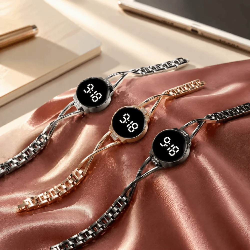 Female Touch Screen LED Watch Metal Bracelet Steel Band Touch Screen Watch Rhinestone LED Display Bangle Watch Girls