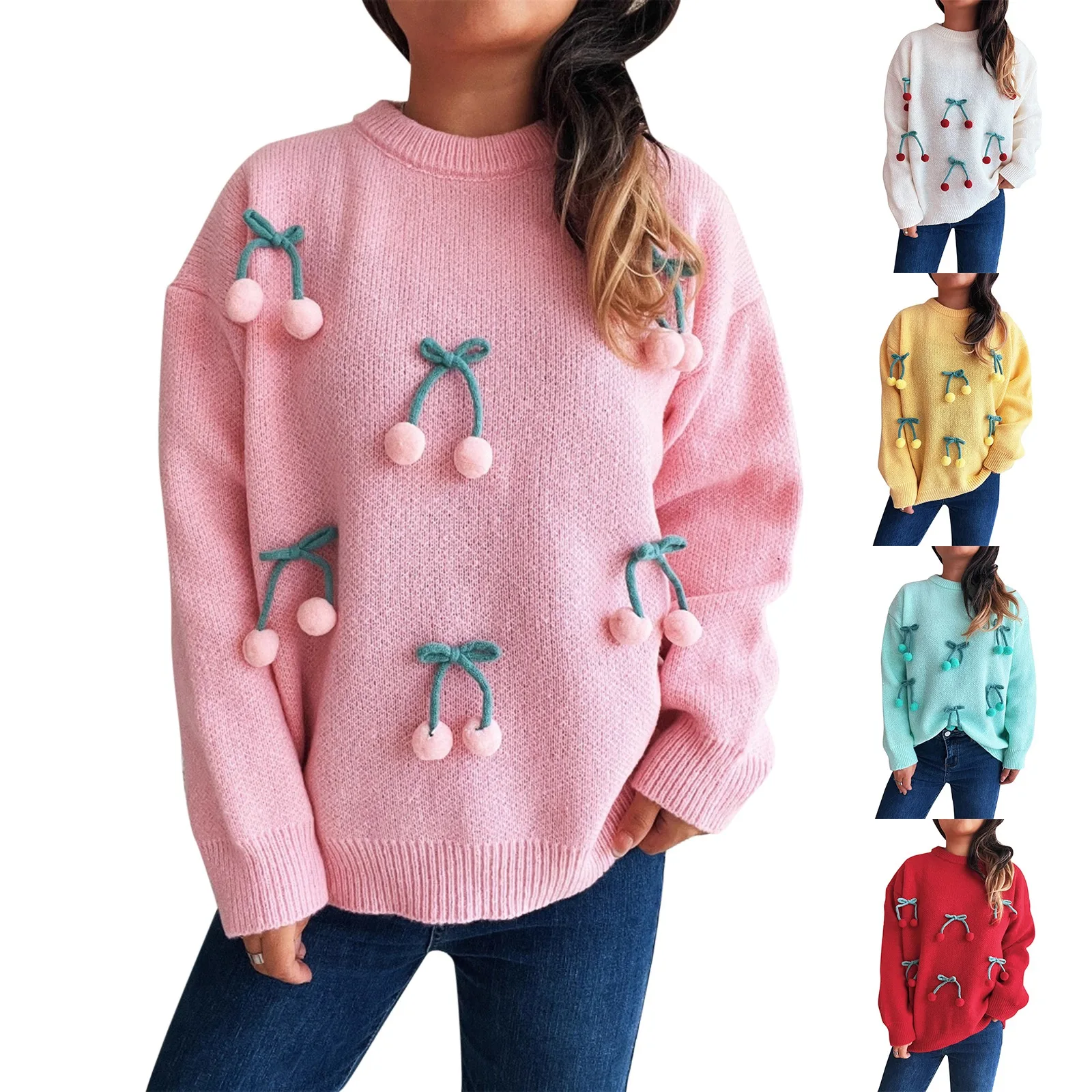 

Autumn Winter Causal Solid Color Round Neck Sweater Top Women's Knitted Cherry Pullover Sweater Loose Long Sleeved Pullover