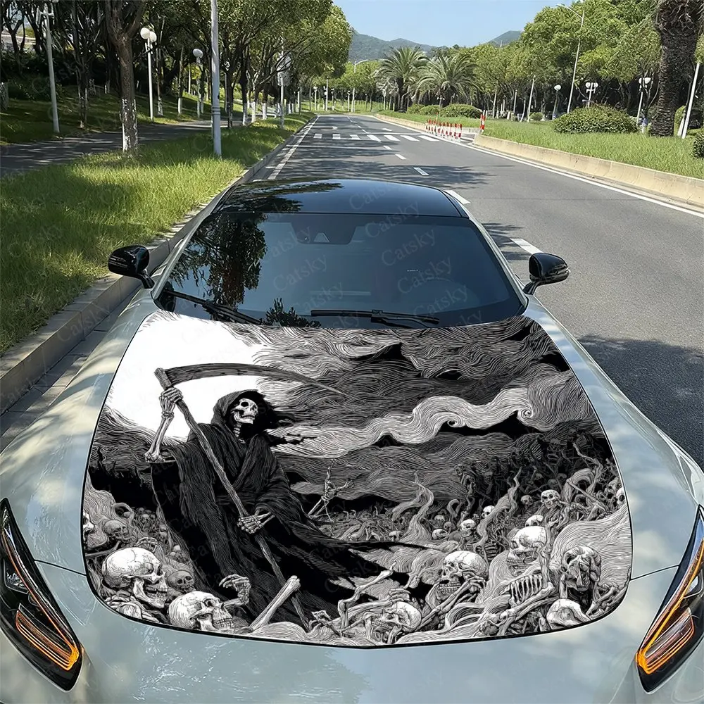 

Таинственный дизайн мрачного жнеца, наклейка на капот автомобиля, водонепроницаемые самоклеящиеся виниловые графические наклейки, декоративные наклейки для автоаксессуаров