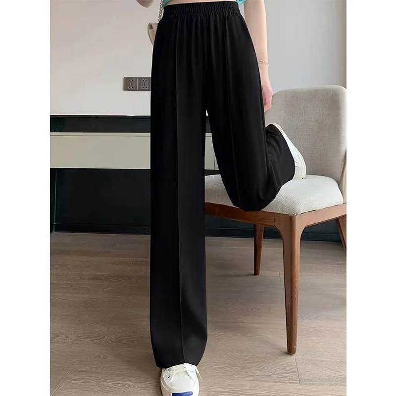 Summer Thin Ice Floss Pleated Pea Green Wide Leg Trousers Women Fashion Korean Elastic High Waist Drape Mop Straight Pants