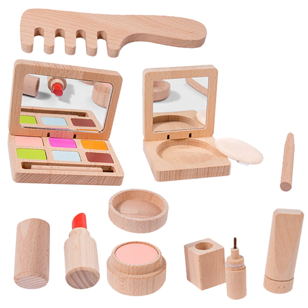 Fingir brinquedos de maquiagem para crianças meninas 1 conjunto kit de beleza de madeira conjunto de cosméticos das crianças presente de aniversário brinquedo de aprendizagem