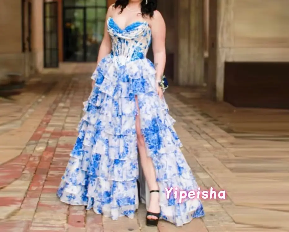 

Customized Floral Tiered Prom Dresses for Women Strapless Long Ruffle Formal Evening Gowns with Slit Plus Size Party Gown