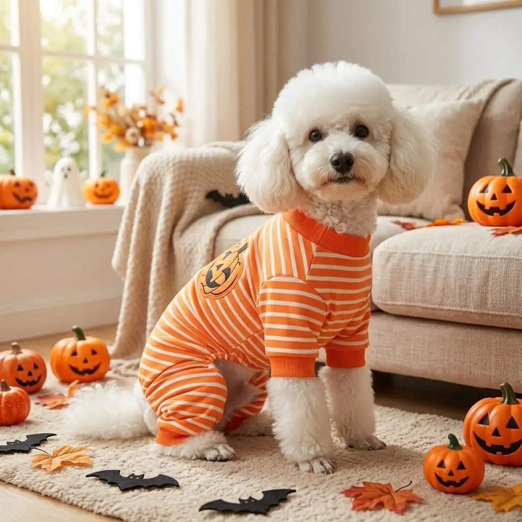 Halloween Orange-Weiß Gestreifter Hunde-Vierbeiner-Anzug Kürbis-Patch Welpen-Bodysuit Einteiler Pyjama Kleidung für Kleine Mittelgroße Hunde Katzen – Detail 3