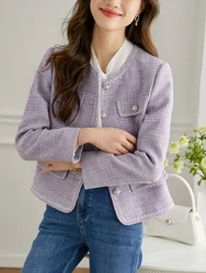 CJFHJE Women's Purple Casual Tweed Short Coat  Autumn New Korean Fashion Office Lady Commuting Round Neck Top New Female Jacket