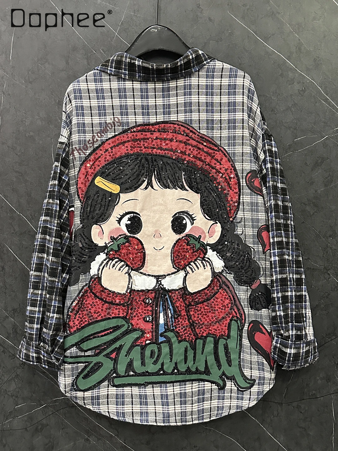 

Autumn New Heavy Sequin Embroidery Cartoon Pigtails Little Girl Plaid Long Sleeve Shirt Women Loose Casual Mid-Length Top Trendy