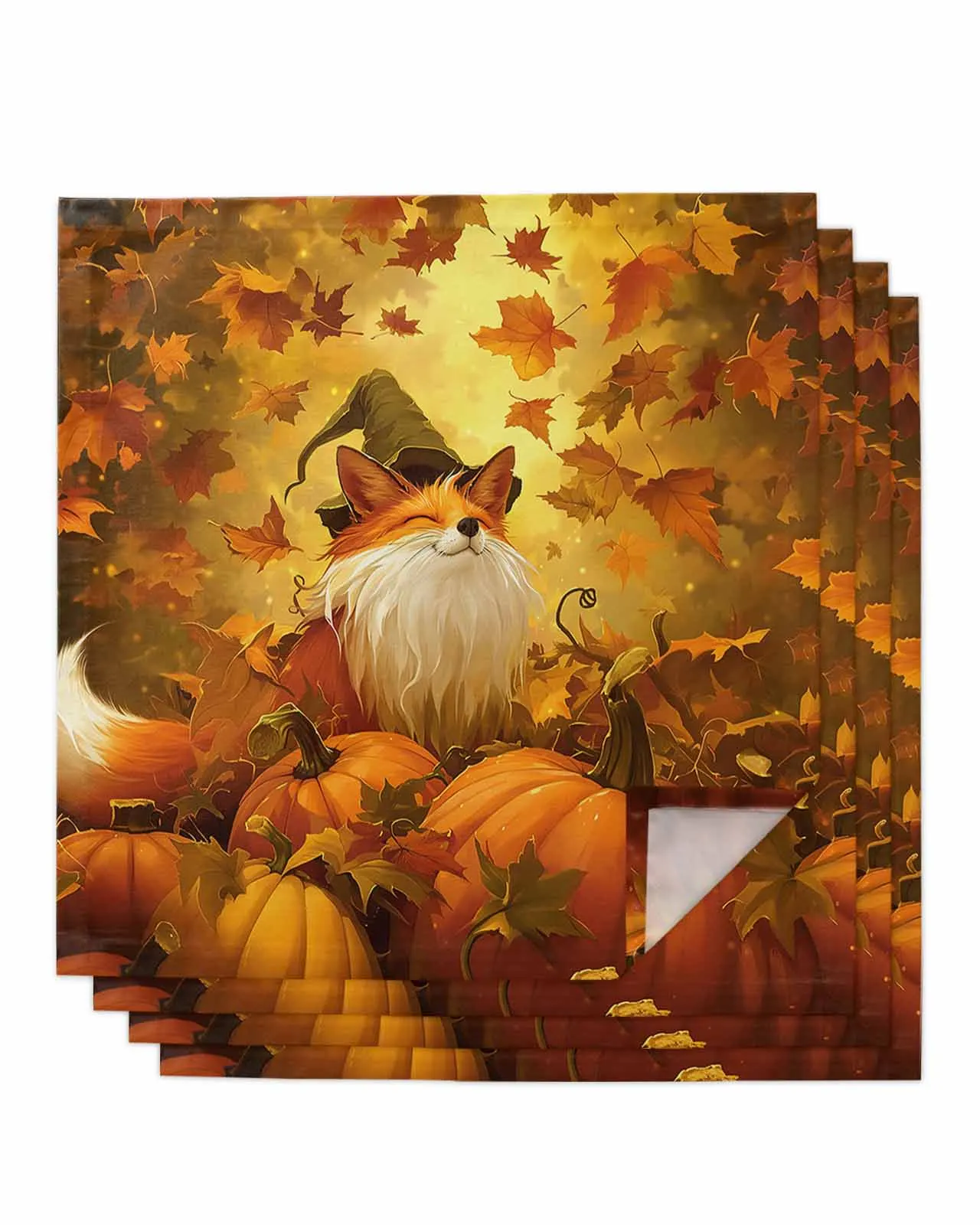 

4pc Fall Pumpkin Fox Table Napkins Set Dinner Handkerchief Towel Napkins Cloth for Wedding Party Banquet