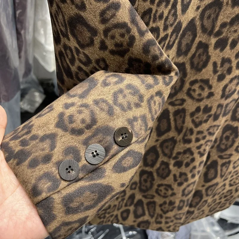 Damski Wiosenno-Jesienny Komplet: Top, Płaszcz, Garnitur, Leopard, Dwurzędowy, Średniej Długości, Vintage, Prosty, Wygodny, Casualowy, Niszowy, Uniwersalny, Wyszczuplający