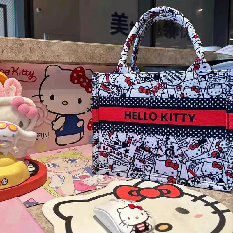 2024 New Hello Kitty Tote Bag Printed Shopping Bag 3d Large Capacity Tote Canvas Kuromi Handbag Commuter