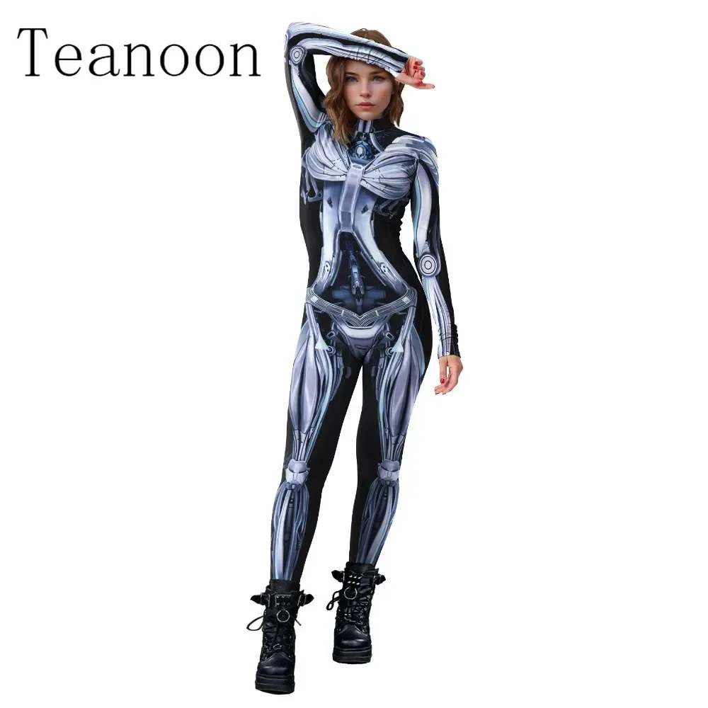 New Bodysuit Explosion Mechanical Digital Printing Tights Suit Halloween Carnival Party Coverall Long Sleeve Stage Slim Jumpsuit