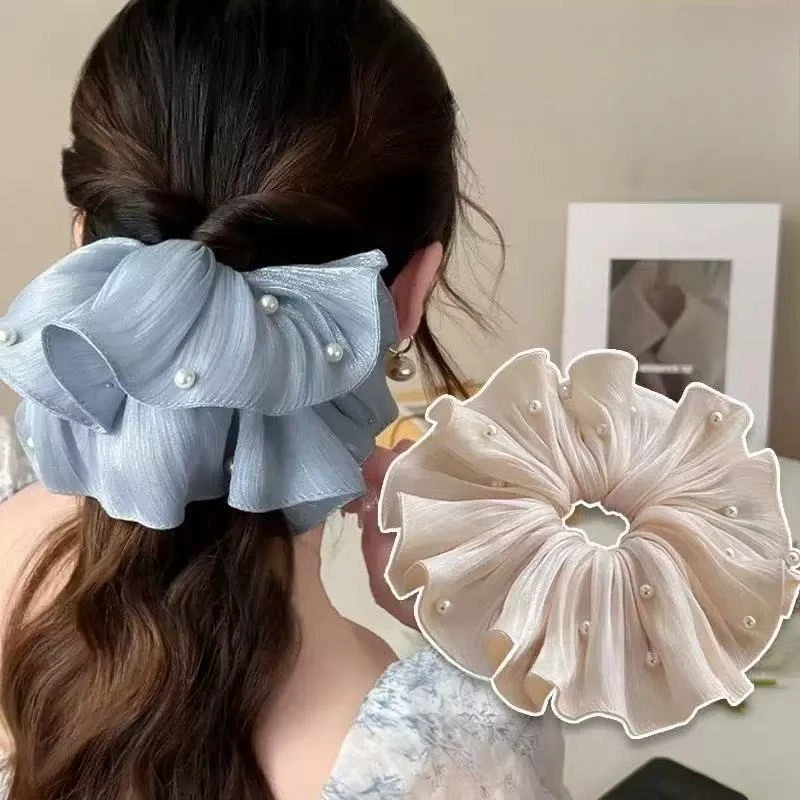

Solid Color Pearls Ruffles Hair Scrunchies Women Girls Sweet Elegant Large Hair Bands Hair Ties Rubber Bands Styling Accessories