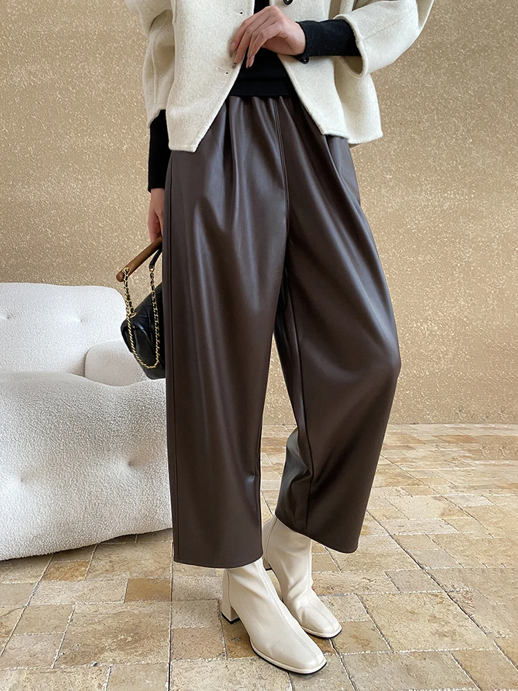 [LANMREM] Vintage Leather Pants For Women Elastic High Waist Straight Wide Leg Trousers Office Lady 2024 Winter New 26C1163