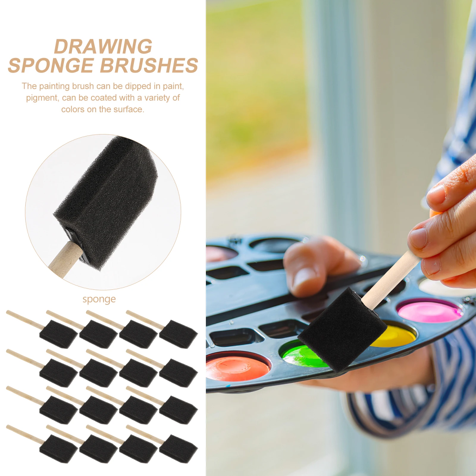

16pcs Kids Tools Black Sponge Brushes 2 Inch Wooden Handle Crafts Watercolor Oil Acrylic Kids Sponge Painting Brush Gouache