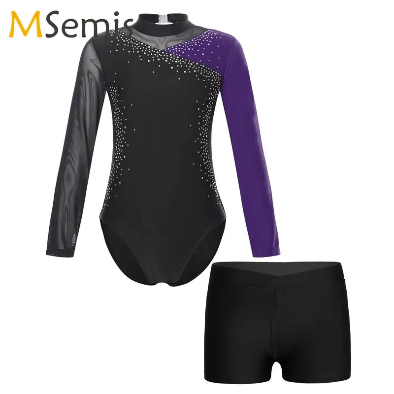 

Shiny Rhinestone Gymnastics Leotard Kid Girls Dance Figure Skating Costume Sheer Mesh Patchwork Long Sleeve Bodysuit with Shorts