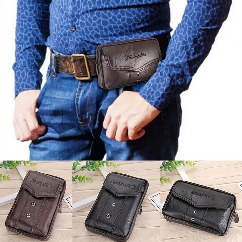 Men\'s Leather Large Capacity Wear Belt Waist Bag Mobile Phone Bag Belt Wallet Running Pouch Holster Case