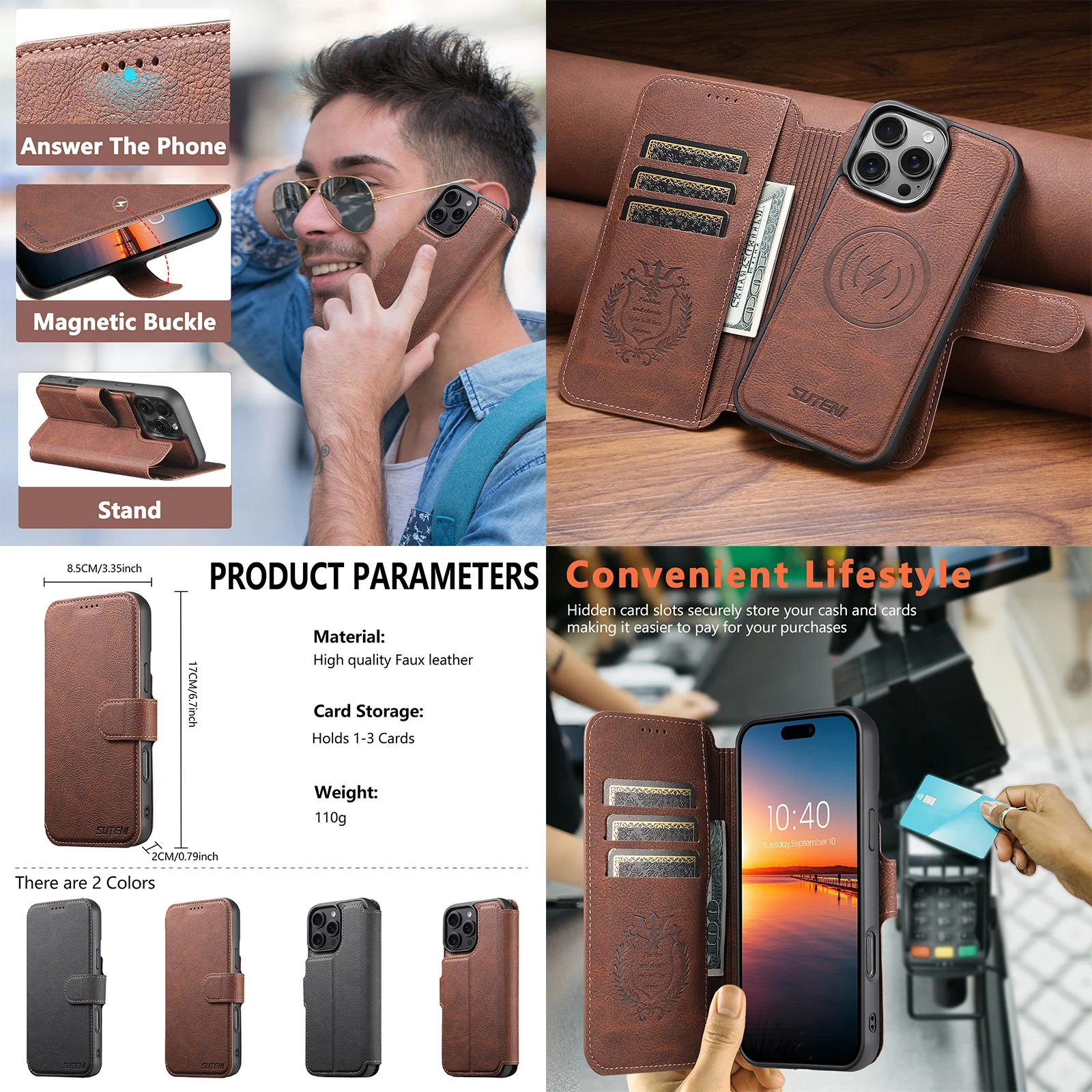 

2 in 1 Detachable Magnetic Wireless Charging Wallet Case for iPhone 16 17 Pro Max 14 15 13 Lychee Pattern Leather Flip Cover
