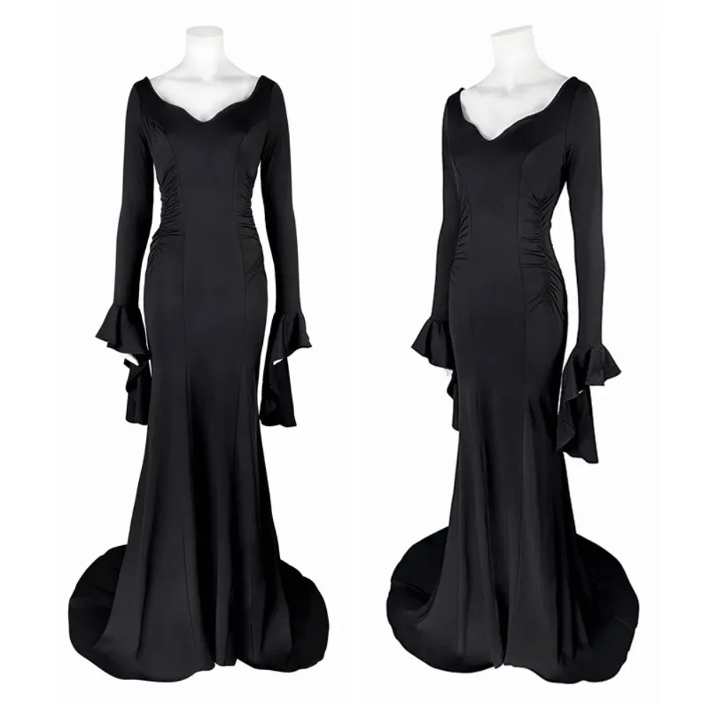 

Halloween Adams Black Adams Family Dress Retro Gothic Long Sleeve V-neck Dress with Luxury Casual Elegant Style