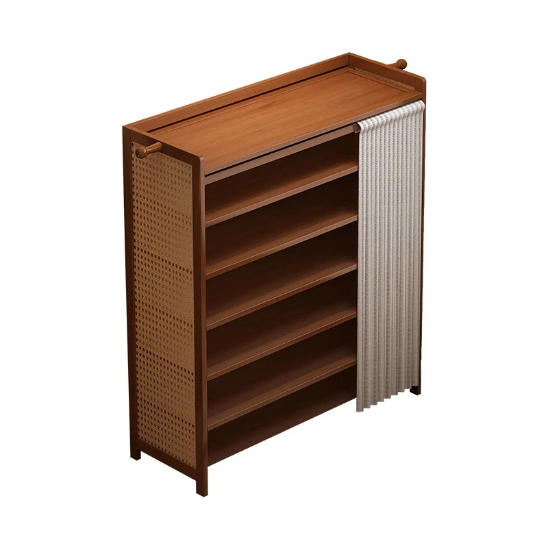 #Bamboo Multi-layer Dustproof Shoe Rack With Curtain 8 Shelves For Household Entrance Door Storage Corridor Rental Apartments