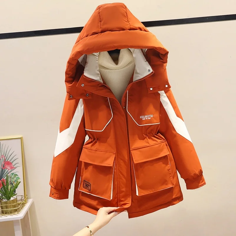

Women's Parka Sle Cotton Jaet Winter Workwear Slim Fit Medium Length Detachable Hood Zipper Closure Long Sve Color
