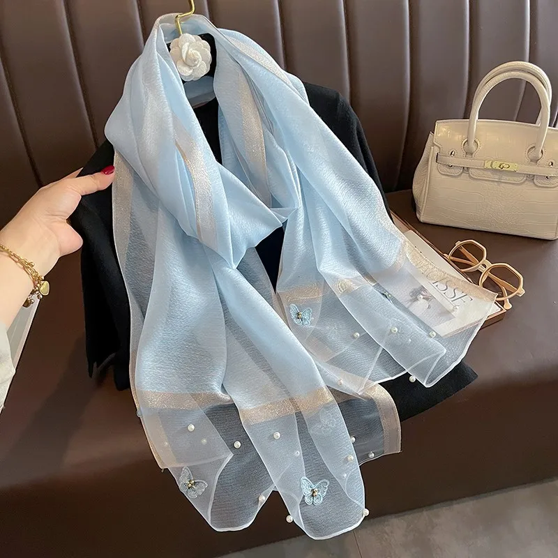 2024 Luxury Brand Women Fashion Scarf Plain Solid Silk Chaetodon auripes Shawls Scarves Summer Lady Bandanas Foulard Hijab