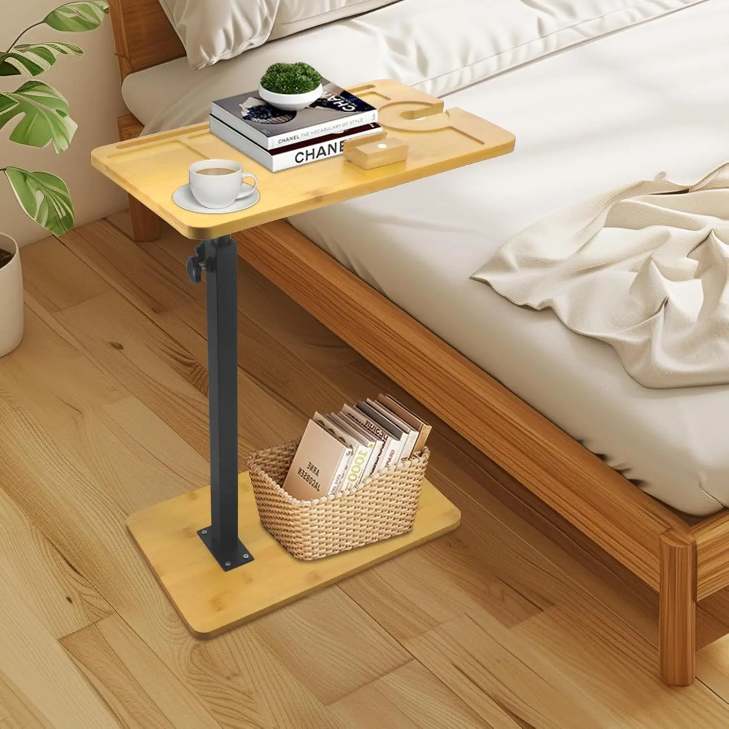 طاولة جانبية من الخيزران C 360 ° صينية تلفزيون دوارة للأريكة، طاولات جانبية للوجبات الخفيفة مع فتحة للهاتف والكمبيوتر اللوحي لحوض الاستحمام/الكرسي/السرير/الأريكة #1