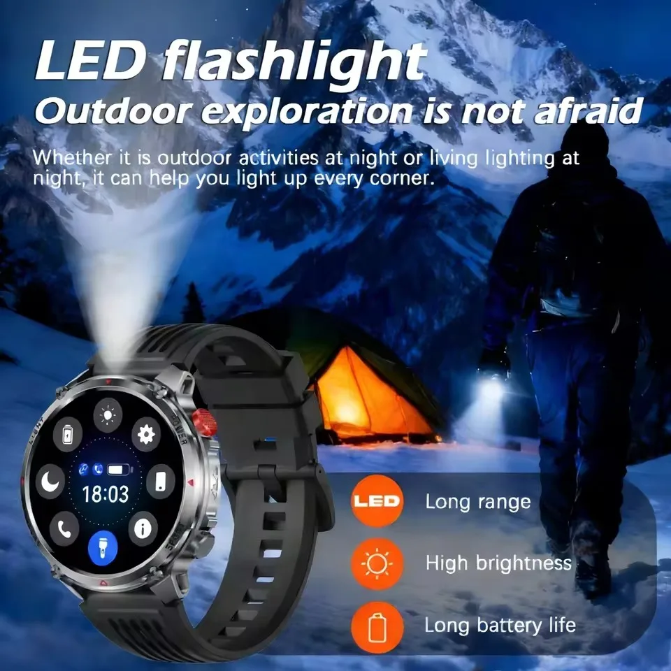 New Men Outdoor Military 1100mAh Large Battery Smart Watch Compass GPS Track IP68 Waterproof LED Flashlight BT Call Smartwatch view 4