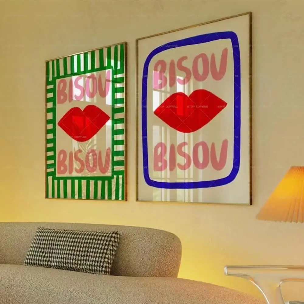 Maximalist Bisou Bisou Bonjour Bonne Nuit Eclectic Pink French Quotes Wall Art Canvas Painting Posters Living Room Home Decor