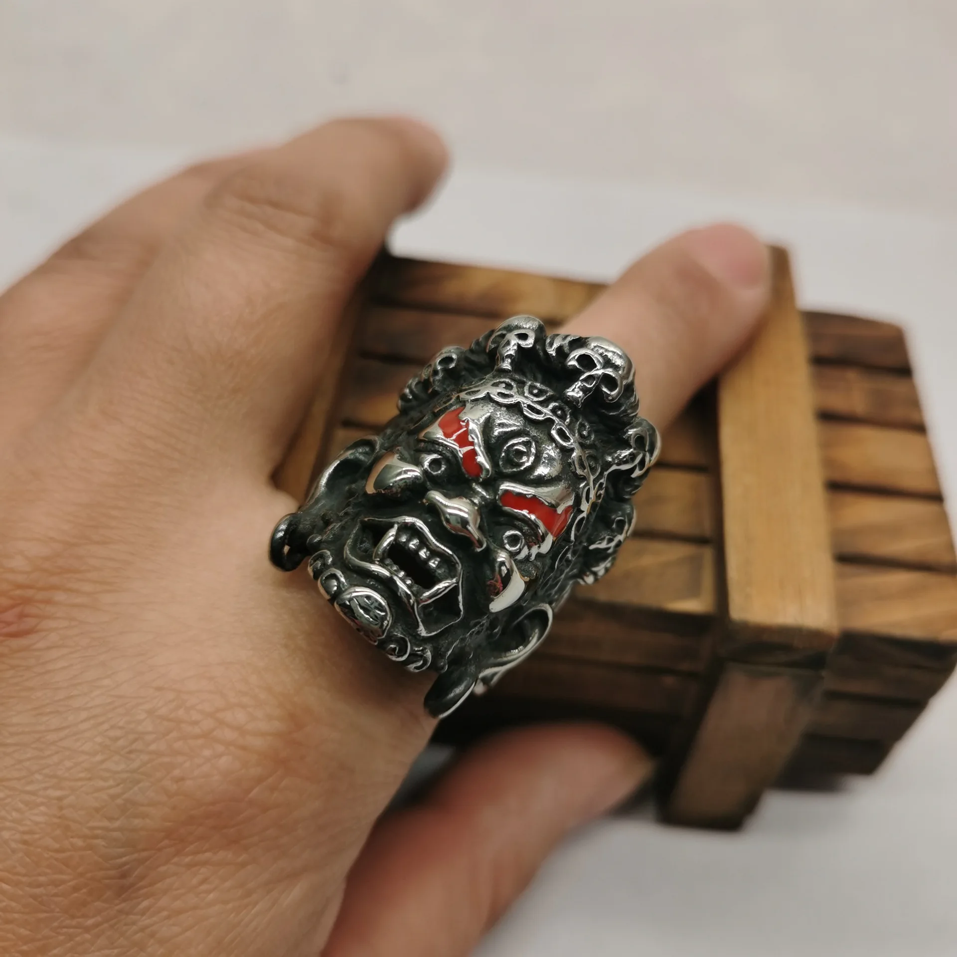 Tribal Mask Wide Statement Ring for Men Stainless Steel Gothic Demon Face Carved Biker Finger Jewelry