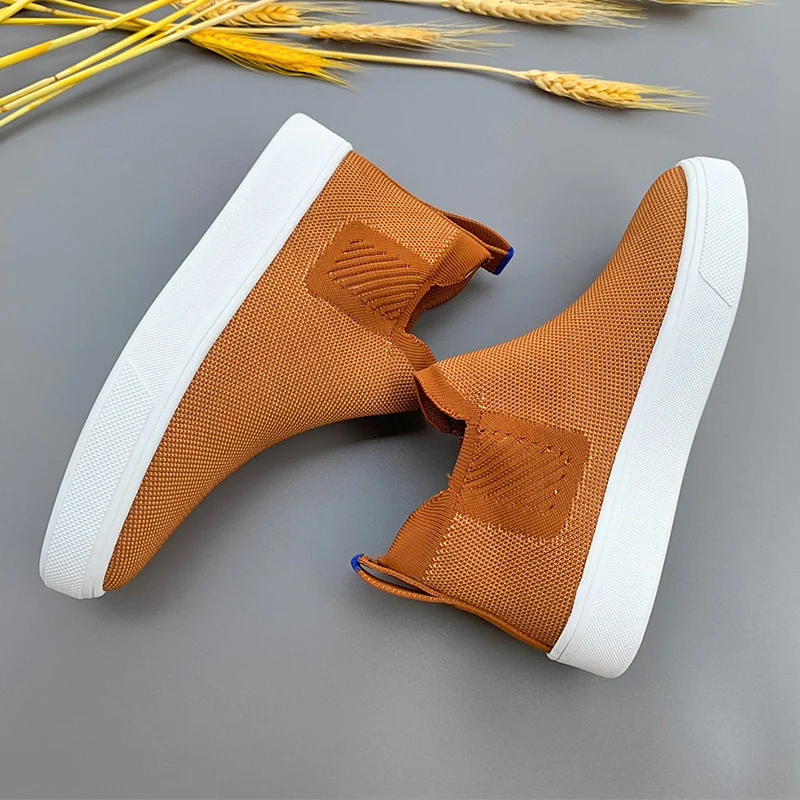 

DONNAIN Casual High Top Caramel Knitting Women Sneakers Lightweight Rubber Sole Everyday Shoes Slip-On Flat Female Shoes