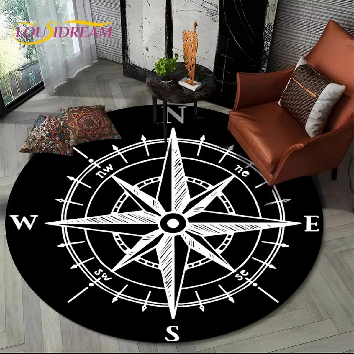 B16LYX Round Area Rug Compass Wind Gothic Home Decor Rug for Bedroom Living Room Nautical Theme Floor Accent Housewarming Gift