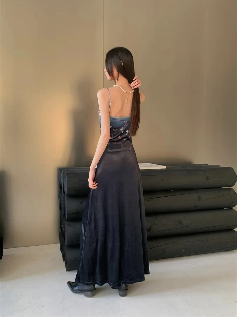 CHEERART Velvet Autumn Long Slip Dresses 2024 Women Fashion Backless Floral Tunics A Line Maxi Dress Fall Ladies Clothes