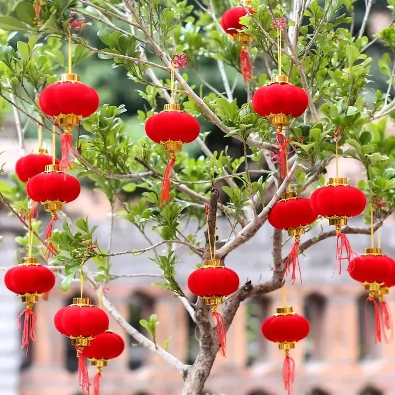 30pcs Mini Chinese Lantern Flocking Small Red Lanterns DIY Spring Festival Wedding New Year Decorations Scene Layout Supplies