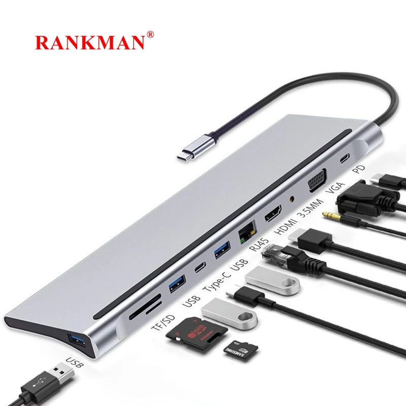 Rankman-Hub USB C a RJ45 Lan, 4K, HDMI, VGA, USB 3,0, tipo C, SD, TF, Dock para MacBook, iPad, Samsung S22, Dex, TV, portátil