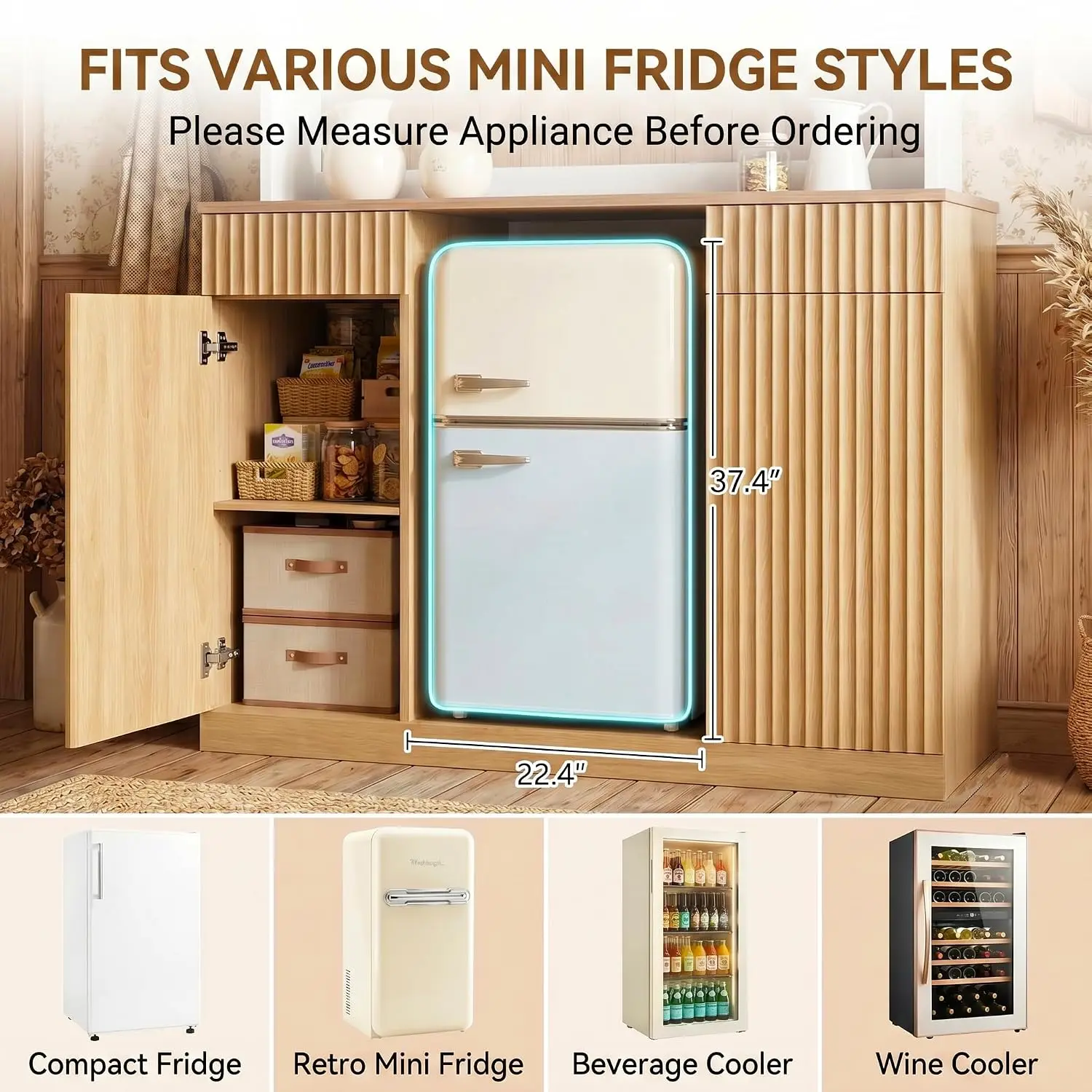 Large Coffee Bar Cabinet Fridge Space Fluted Storage & Power Outlet Modern Buffet Sideboard Home, Customized