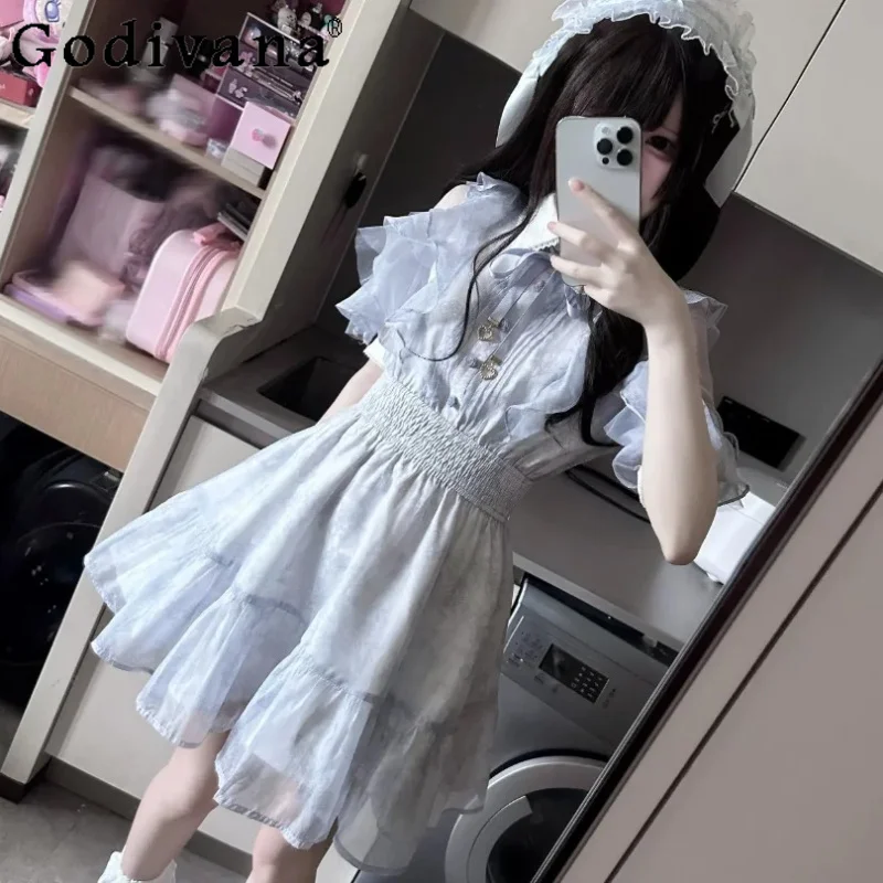 Japanese Vintage Ruffles Peter Pan Collar Subculture Dress Fashion High Waist A-line Age Reduction Summer New Princess Dresses