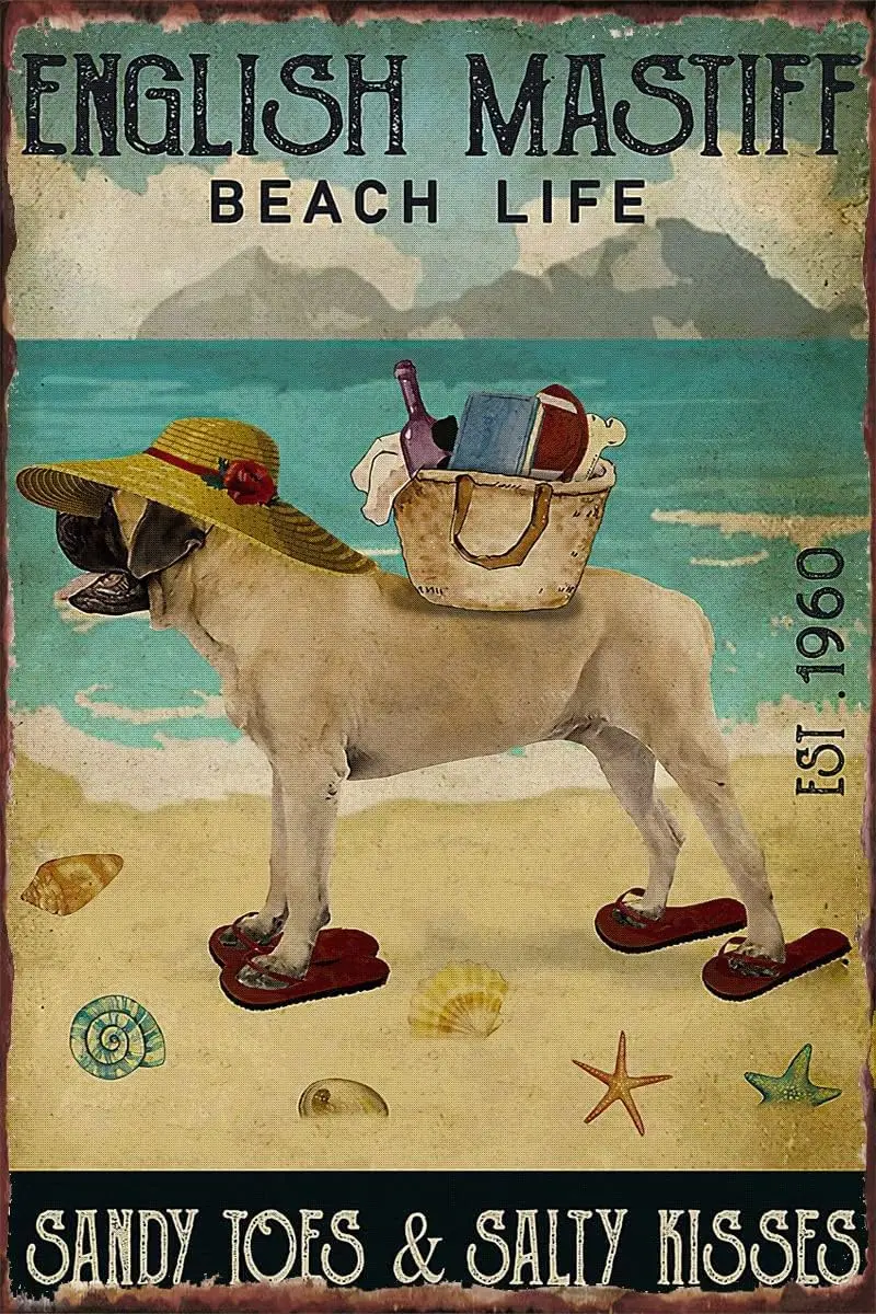 Metal tin Sign English Mastiff Beach Life Wreath Sign Wreath Attachment Funny Novelty Metal Sign Retro Wall Decor for Home  sign
