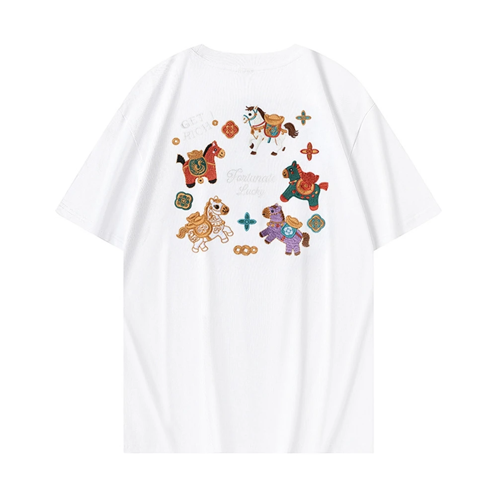 Lyprerazy Chinese New Year Pony Cartoon Embroidery Light-sensitive Light Becomes Loose and Comfortable Trendy Round Neck T Shirt