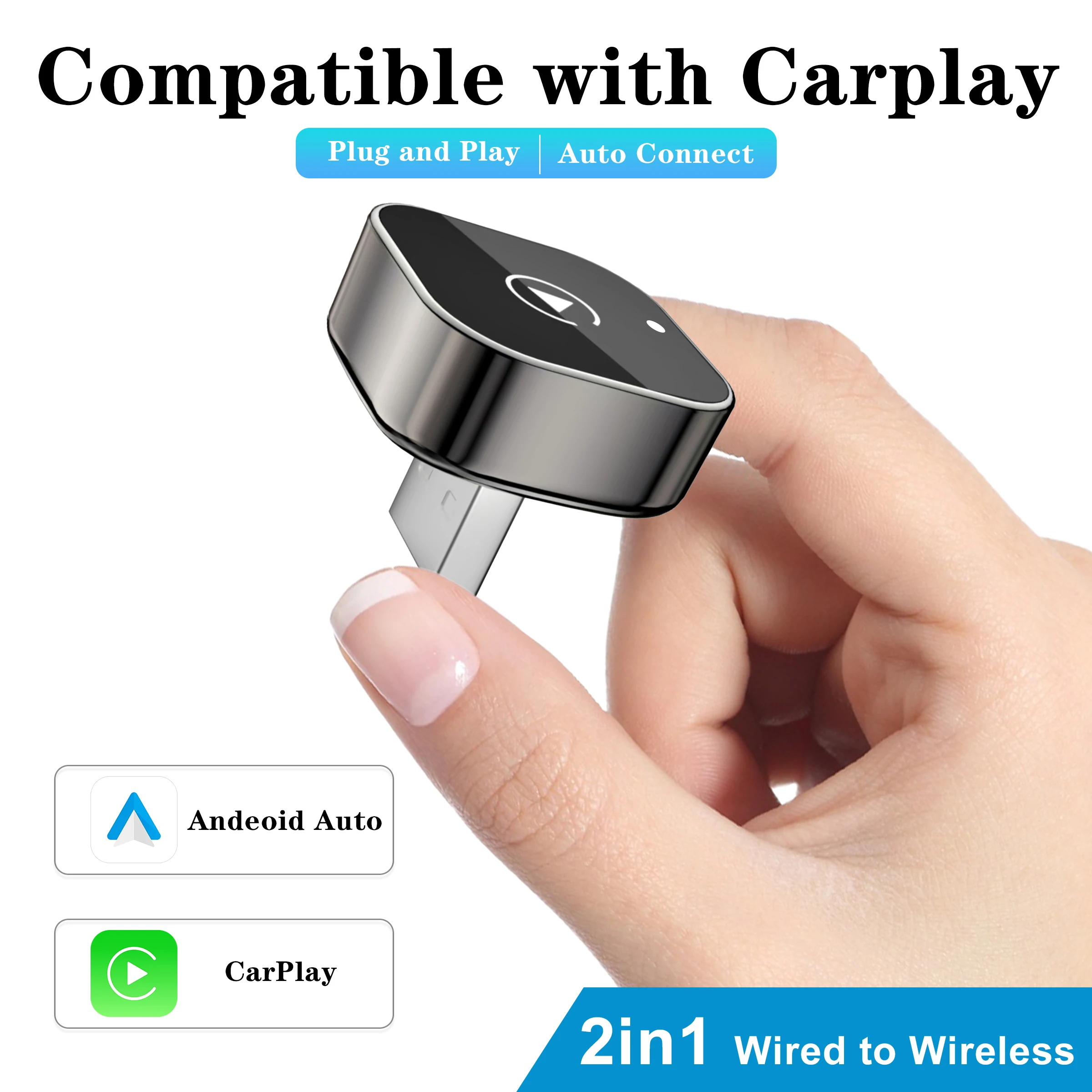 2 IN 1 Wireless Carplay Adapter, Converts Wired to Wireless carplay Adapter for iPhone, Wireless Control Plug & Play Carplay