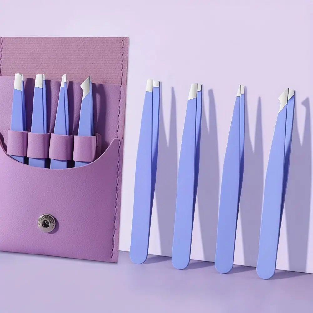 Zestaw 4 szt. pęset ze stali nierdzewnej do brwi, pęsety z ostrym czubem i skośnym otworem do usuwania włosów z torbą do przechowywania, pęsety do rzęs.