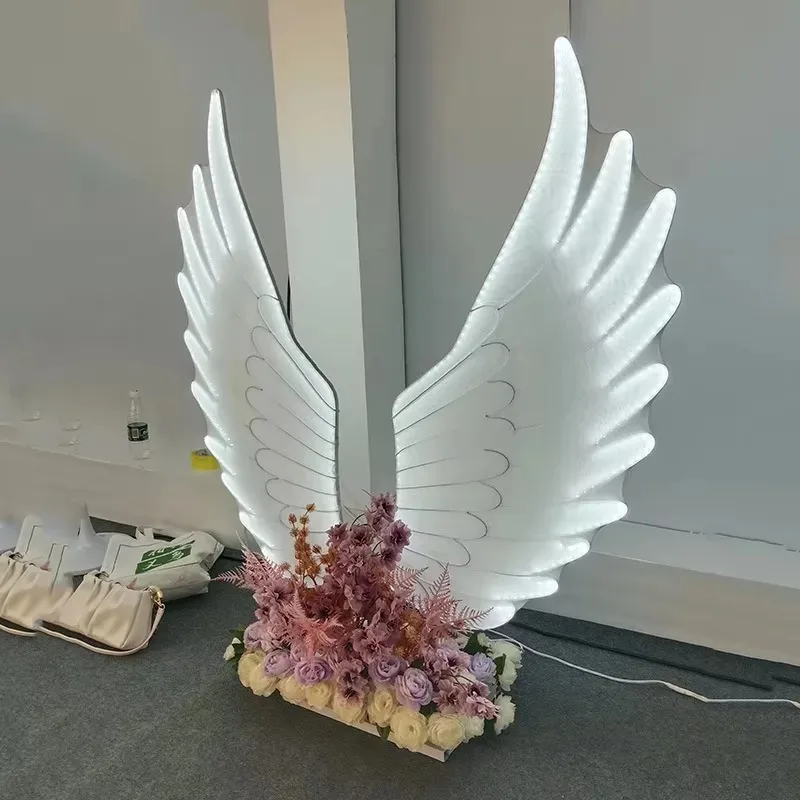 Large LED Angel Wings Wall Decor with Stand, Light Up Steel Art Photo Prop, Wedding Scene Layout Model for Events