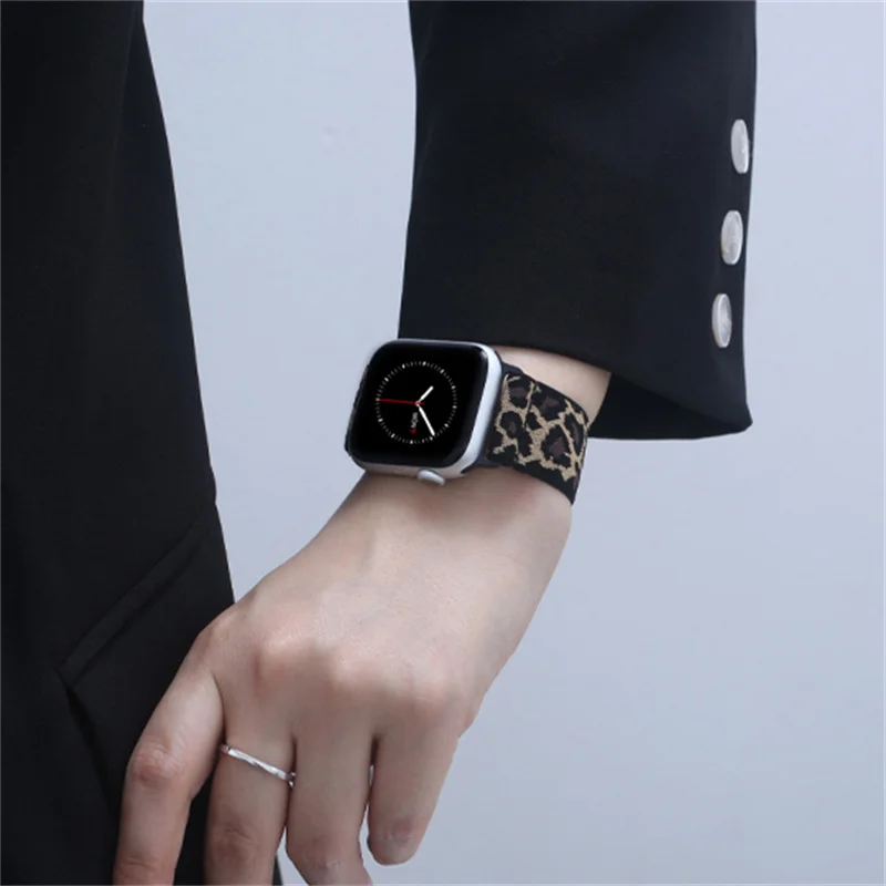 Soft Nylon Loop Elastic Buckle Strap For Apple Watch SE Band 45 41 38 42mm Series 7 8 6 5 4 For iWatch Leopard Bracelet 40 44mm