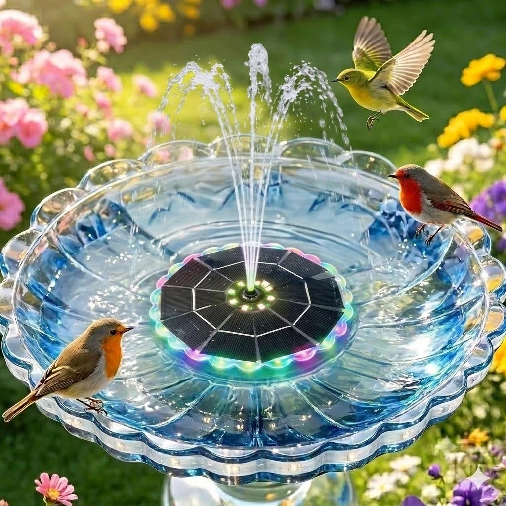 Solar Fountain with LED Lights&1800mAh Battery, 3.5W Solar Water Fountain Pump with 8 Nozzles&Crash Bars for Outdoor Decoration