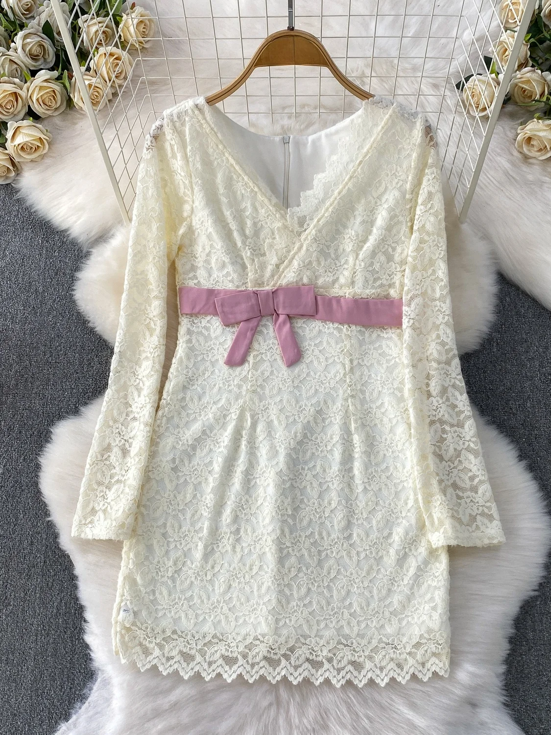 Ele الدانتيل طويل Sve V-ne Dr المرأة الخريف الشتاء تصميم عقدة الخصر التخسيس ort تنورة Bodycon Dr #2