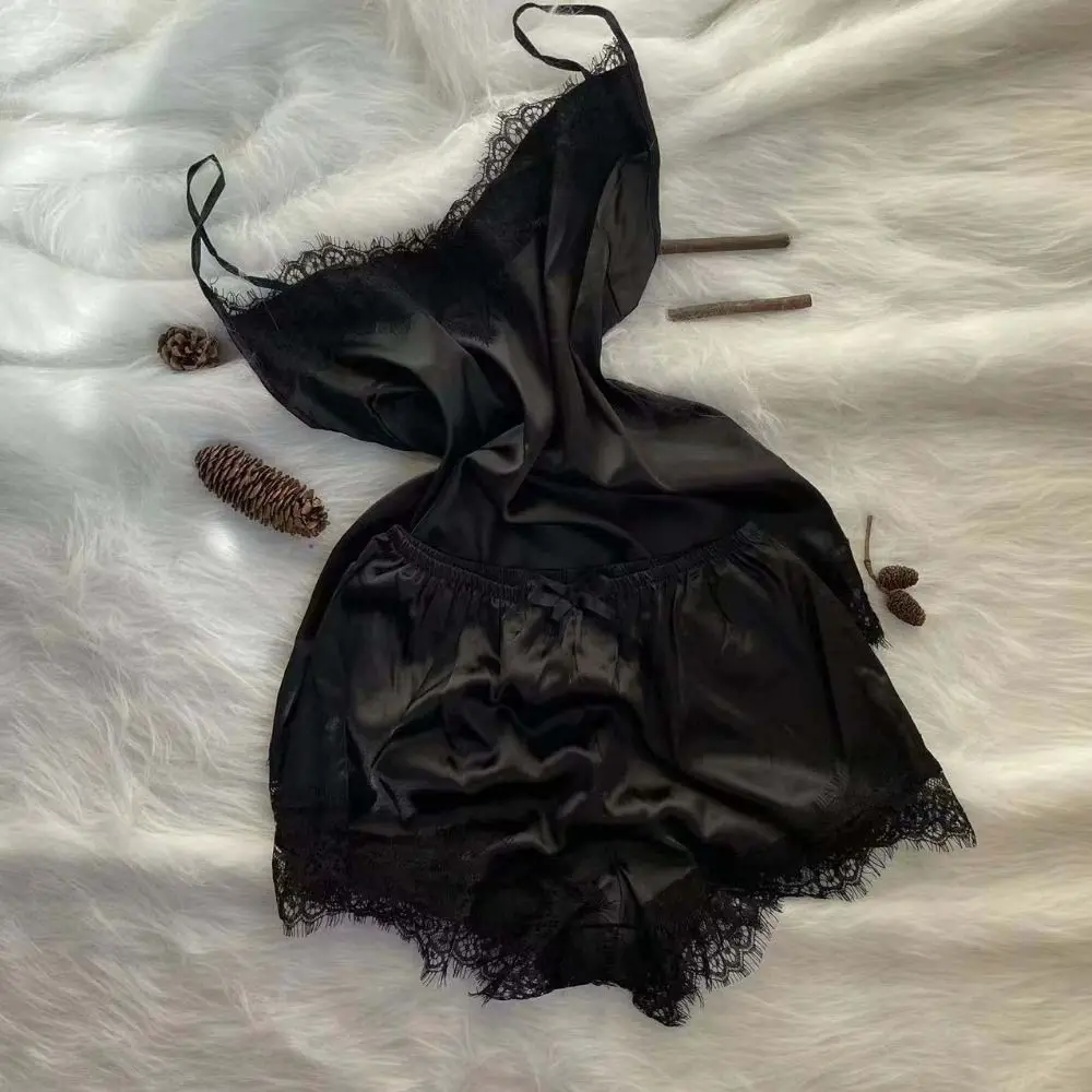 

Sweet Bowknot Lace Pajama Suit V-Neck Satin Ice Silk Two Pieces Nightwear Sleeveless Loose Lace Sleepwear Sets Summer