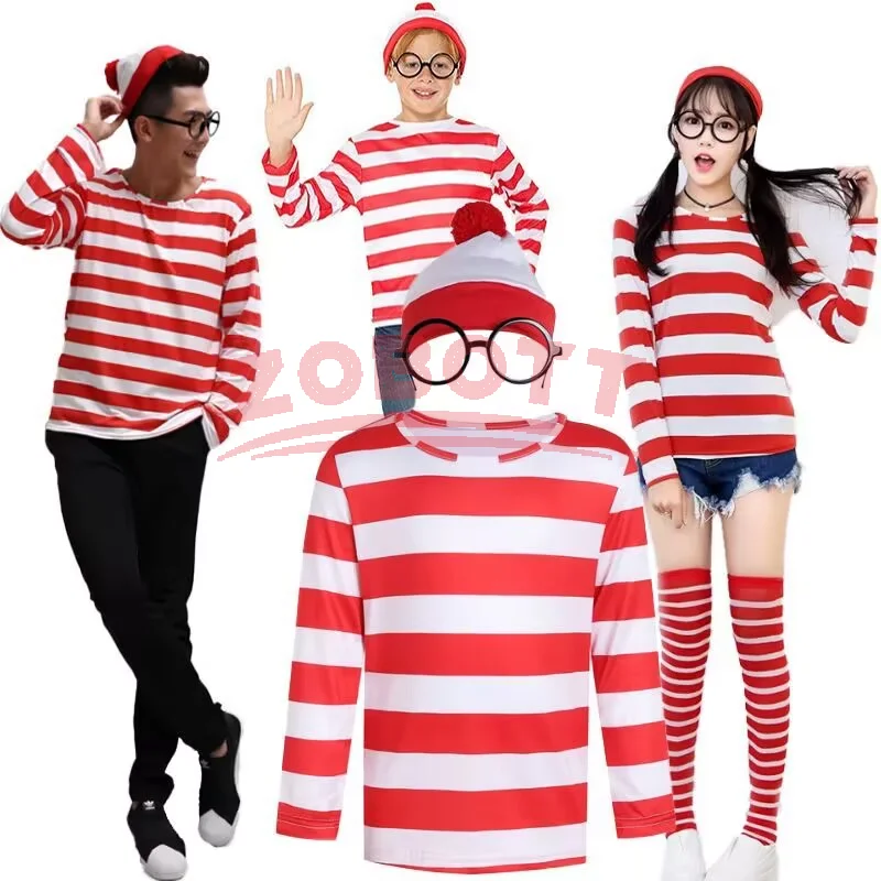 

Anime Wheres Waldo Striped Shirt Youth Boys Wally Costume Shirt Glasses and Hat Socks Unisex Adults Carnival Cosplay Costume