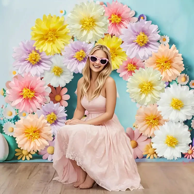 12 زهرة ورقية لديزي لحفلات الزفاف وديكور الحفلات - معلقة على الحائط على شكل زهرة الربيع اللامعة والملونة، ورق ديزي للأنشطة الداخلية/الخارجية، عيد الفصح، حفل التخرج، عيد الميلاد (لا يتطلب طاقة)، ديكور الزفاف #3