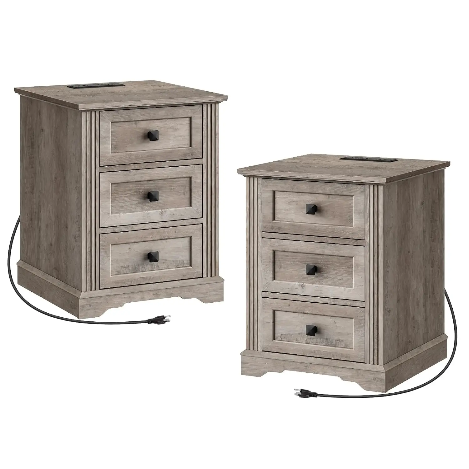 Night Stand Set of 2 with Charging Station & 3 Drawers, Greige, Customized
