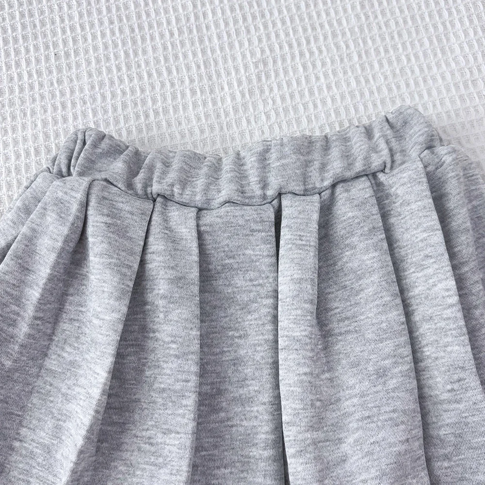 Grey Sports Style Children\'s Clothing for Autumn Seasons Letter Printed Round Neck Long Sleeved Top+pleated Short Skirt Set